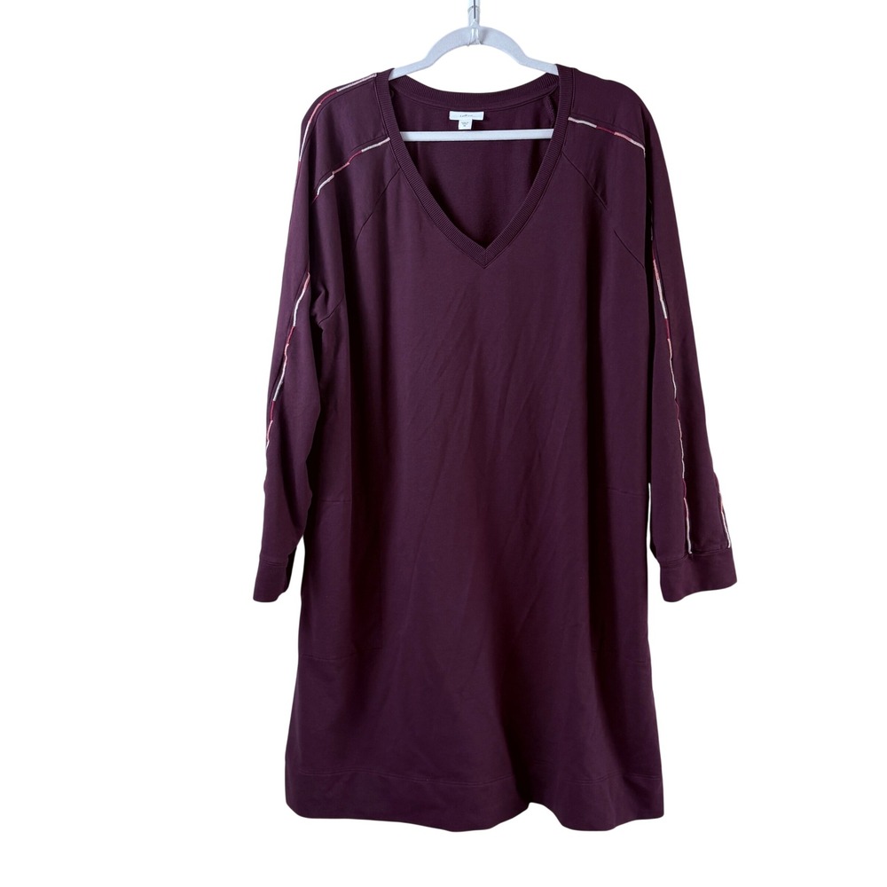 J Jill Fit French Terry Dress Size 2X Burgundy Embroidered Stripe V-Neck Pockets